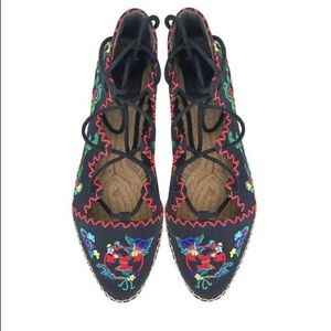 Tory Burch Sonoma Navy Embroidered Ghille Canvas Flat Espadrilles